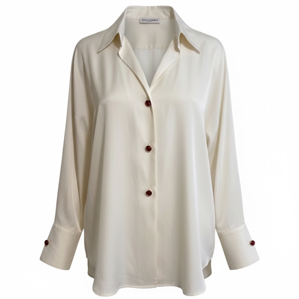 Dolce & Gabbana Cream Silk Shirt with Red Jewel Button - Picture 2 of 6
